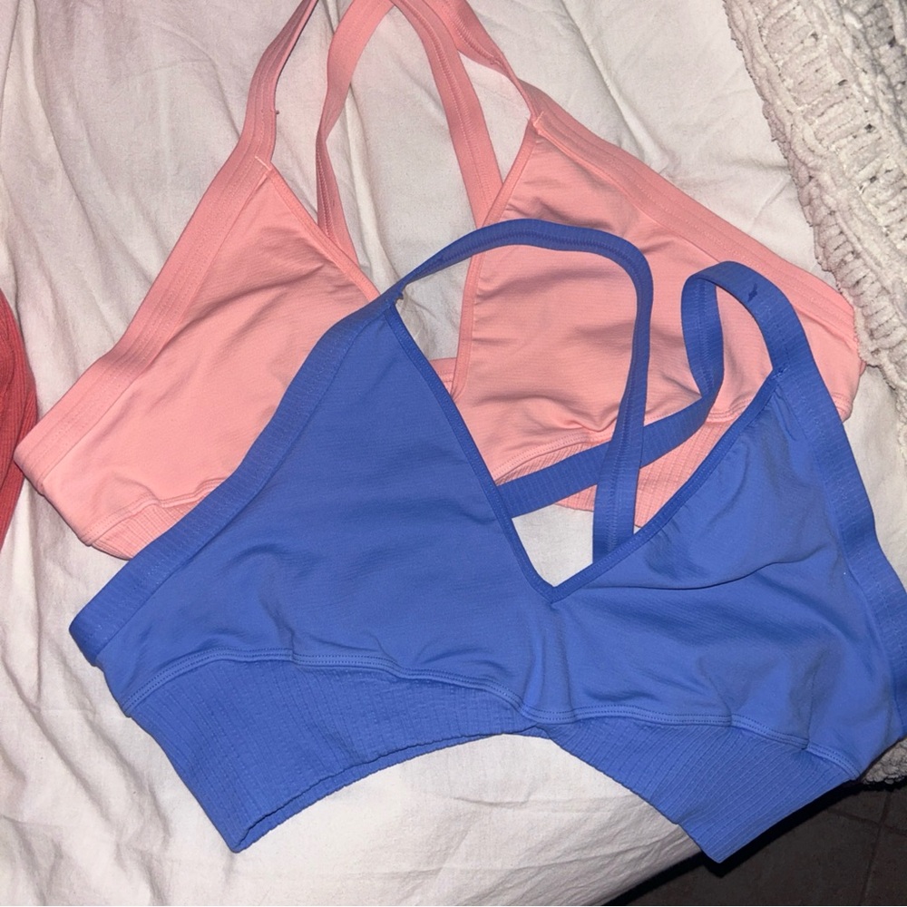 FP Movement by Free People Good Karma Super Plunge Pink and Blue Bralette Duo